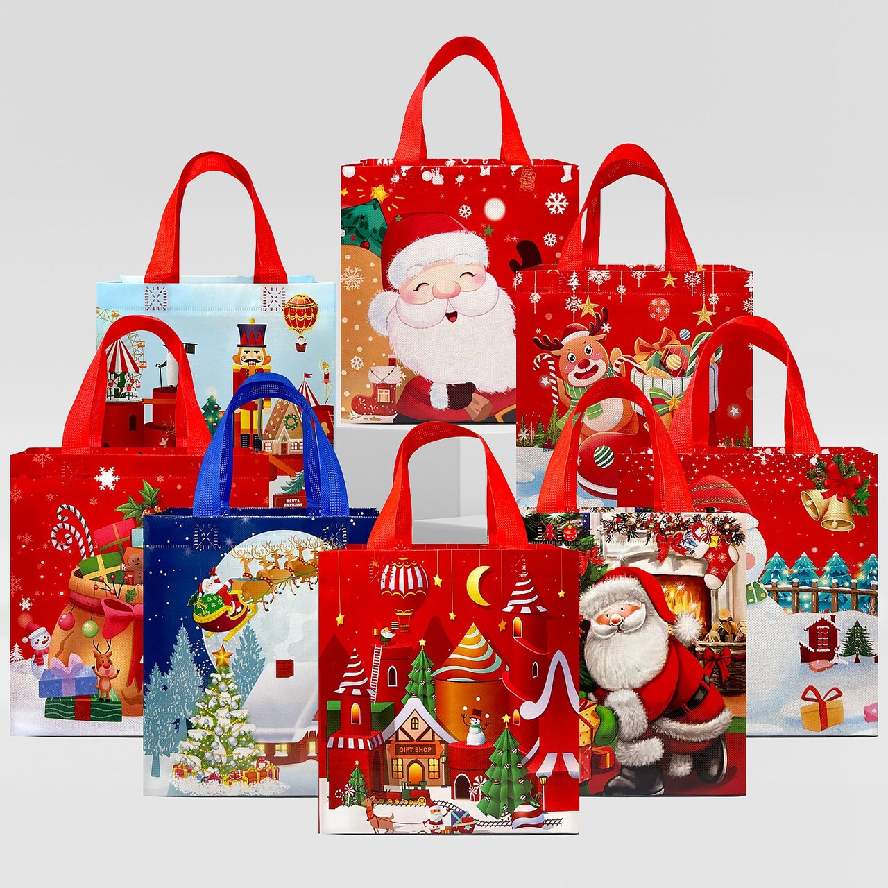 Wrapables Non-Woven Reusable Cheerful Christmas Gift Bags with Handles for Gift Wrap, Parties, Favors and Treats (Set of 8), Santa and Sleigh Ride